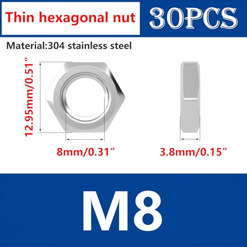 Ctyjia 30 PCS Hex Thin Nuts M8 Locking Nuts, 304 Stainless Steel Hex Nut, for Lndustrial Construction Fasteners - Image 2