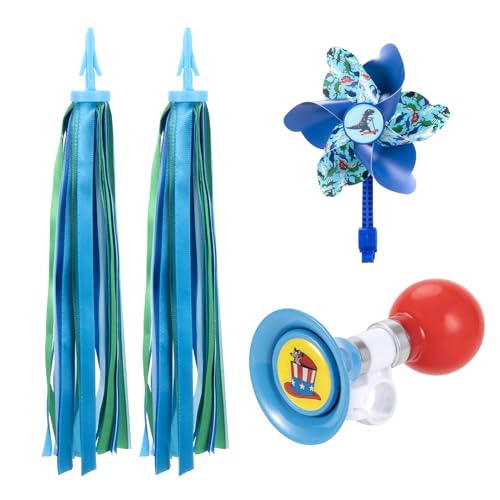 Kids Bike Horn Set, Children Bicycle Bell with 2 Pcs Bike Handle Streamers, and Windmill Kid Bike Accessories for Girls or Boy(Blue)