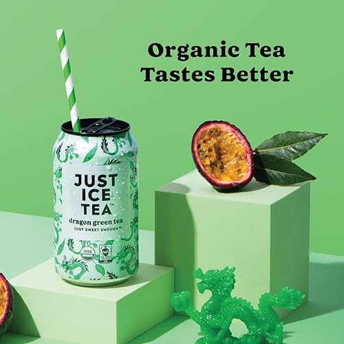 Image of Just Ice Tea, Dragon Green Iced Tea, 12-Pack (12oz Cans), Green Tea, USDA Certified Organic, Real Brewed, Low Calorie, No Artificial Sweeteners, Fair Trade, Made in USA.