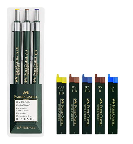 Faber-Castell 136030 – Set di 3 portamine TK-FINE 9760, spessore mine: 0,35 mm; 0,5 mm + 0,7 mm, colore del fusto: verde