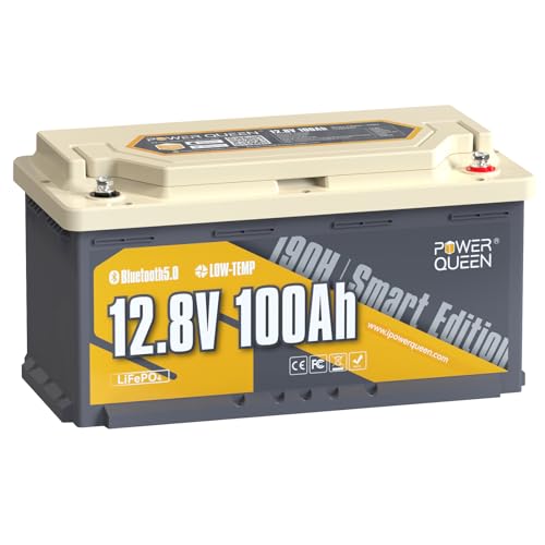 Power Queen LiFePO4 Batterie 12.8V100Ah mit Bluetooth 188mm Höhe, über 4000 DeepCycle Zeiten, langlebige Batterie Perfekt für Wohnmobil, Wohnmobile, Trolling Motor und Camping