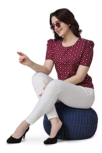 Image of POPWINGS Casual Printed Puff Sleeves Round Neck Top for Women || Stylish Summer Tops for Women || Hip-Length Women Top