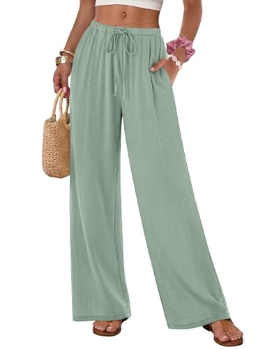 IWH Womens Palazzo Pants Flowy Lightweight Wide Leg Loose Casual Linen Elastic Waist with Drawstring Pocket Beach Sage Green Medium