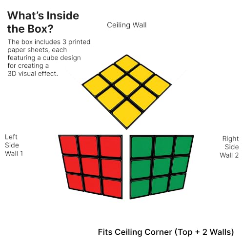 Image of PuzzleCube 3D Corner Wall Sticker, Geometric Optical Illusion Decal for Wall & Ceiling, Self-Adhesive Peel & Stick Room Decor for Bedroom, Kids Room & Office (12 X 12 Inch | Set of 2)