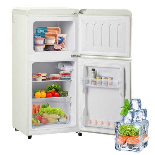 Emmtore Nevera retro. 88,8 x 45,5 cm, doble puerta, 60 litros, volumen de congelación 22 litros. 102 kWh/año, -27 °C ∽ 13 °C, lámpara LED. Energía Amarilla Avanzada Clase E Blanco lechoso