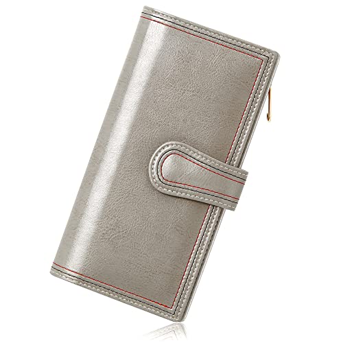 CILLA Womens Leather Wallet Large Capacity Bifold Ladies Zipper Clutch Credit Card Holder With Coin Pouch Oil Wax Design(Grey)