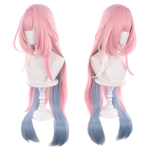 Image of Demiurge Pink Blue Gradient Wigs Women Long Straight Wig with Bangs Layered Haircut Adult Beauty Female Cosplay wig Game Halloween,Christmas,Comic con,Game Show,Party
