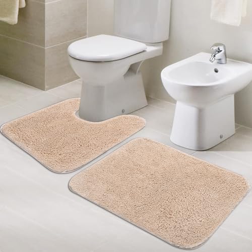 Image of Pano Microfiber Anti Slip Bathmat Set with Contour, Soft & Super Absorbent Mats for Shower, Washable, Non-Slip & Quick-Drying Mats for Home, Kitchen, Office, Pack of 2 (Cream, 50X75 Cm & 50X50 Cm)