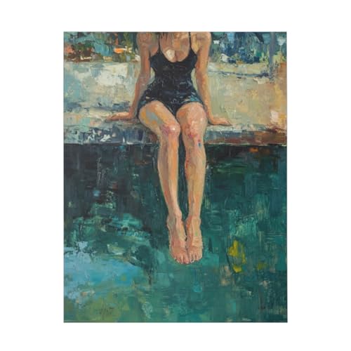 Woman By Pool Canvas Wall Art,Girl By Pool Painting,Blue Impressionist