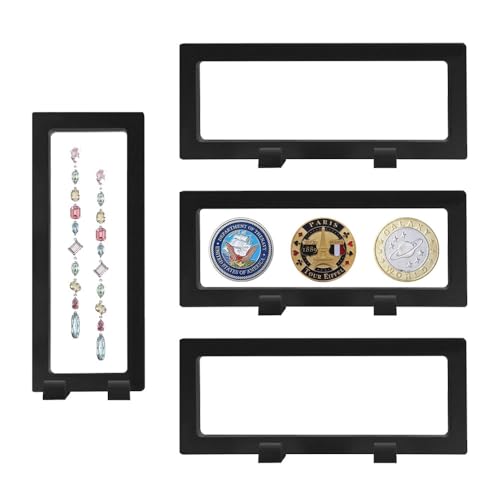 JOBEDE 4 PCS 3D Floating Display Case, Seashell Holder Frame Coins Floating Display Stand Transparent Jewelry Storage Box Large Suspension Frame Box for Bill Stamps Necklace 9 x 3.5 x 0.8 Inch