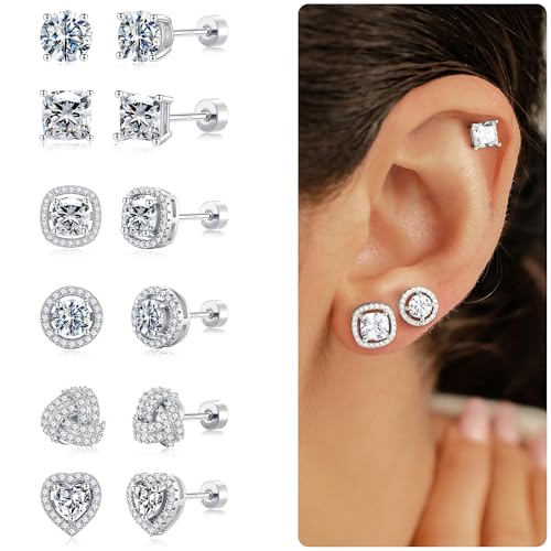 M MOOHAM Hypoallergenic S925 Sterling Silver Post Stud Earring - Silver Gold Flat Back Studs Cubic Zirconia Earrings