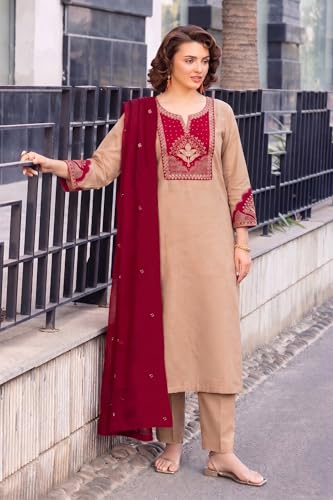 Image of ANNI Designer Kurta Set for Women Viscose Blend Embroidered | Kurta Pant Dupatta Set for Woman | Straight 3 Piece Outfit V Neck 3 /4 Sleeve Stylish Ethnic Dress Trendy Womens Clothing