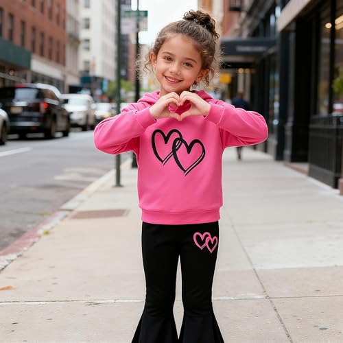 Image of 6-13 Years Girls Clothing Heart Print Hoodie Top + Heart Print Flare Leg Pants 2PC Clothing Set