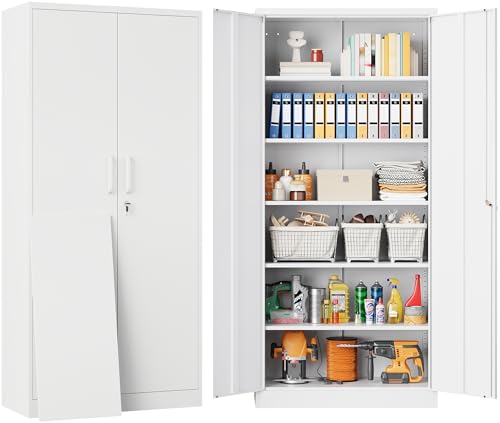 Image of SISESOL White Metal Storage Cabinet with 2 Doors and 6 Shelves,71 inch Tall Metal Cabinet with Lock,Lockable Garage Storage Cabinets,Locking File Cabinet,Steel Tool Cabinets for Home,Office,Garage,Shop