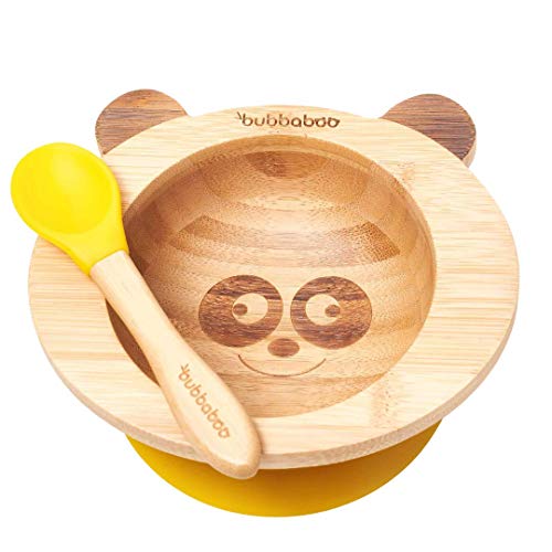 Bubbaboo Ensemble bol et cuillère en bambou pour bébé - Bol à ventouse - Motif panda - Jaune Cover