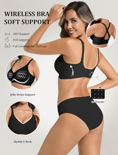 Vtelor Non Wired Bras for Women Seamless Wireless Push Up Bra Support Sleep Comfort Bralettes for Womens Ladies Soft Tshirt Padded Bra Small to Plus Size (UK, Alpha, L, Regular, Regular, Black) - Image 2