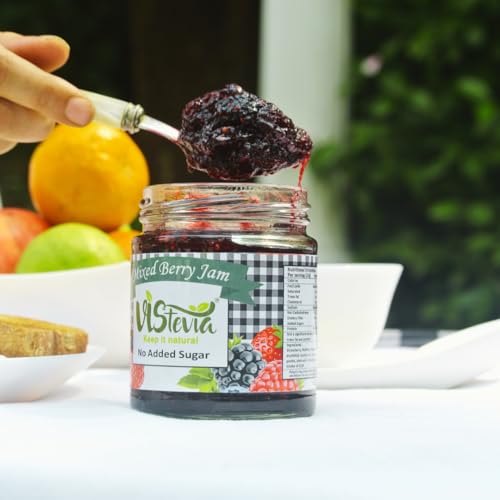 Image of Vistevia Sugar Free Combo of Mixed Fruit Jam & Mixed Berry Jam, Diabetic and Keto Friendly - Sweetened Naturally with Stevia, More Than 60% Berry Content - Tastes Delicious - Pack of 2 (220 * 2GM)