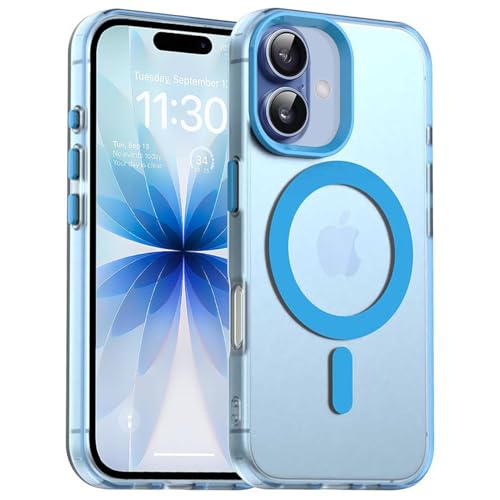 Image of Elzzi Translucent Matte Back Cover for iPhone 17 Case, Shockproof Anti-Fingerprint Phone Cover with Magnetic Wireless Charging, MagSafe Compatible Protective Case for Men & Women (Mist Blue)