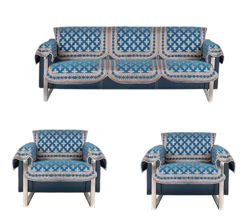 Image of Premium Chenille Woven Anti-Slip 5 Seater Sofa Cover with Armt Rest | L-Shape Sofa Seat Protector for Living Room | Durable & Stylish Slipcover - Turquoise - Floral