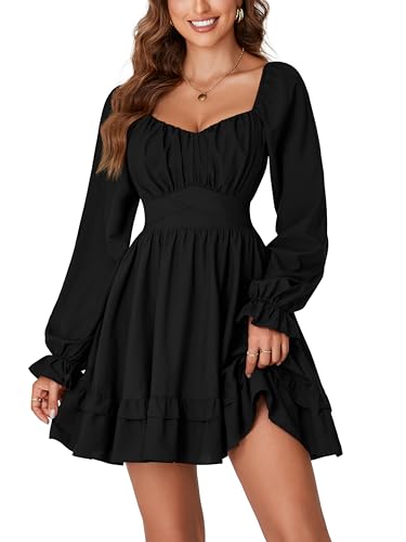 KIFOVEN Women's Lantern Long Sleeve Smocked Wrap Tiered Ruffle Flowy A Line Short Mini Dress
