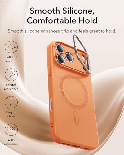 Image of ESR Silicone Case for iPhone 17 Pro, Built-in Camera Stash Stand Compatible with MagSafe, Military-Grade Drop Protection Magnetic Phone Case for iPhone 17 Pro, Cloud Series, Orange
