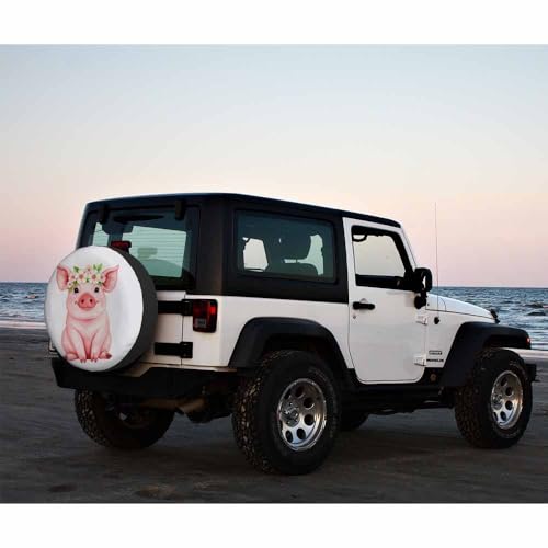 Image of Pink Pig Spare Tire Cover Funny Piglet Wearing Wreath Farm Cartoon Watercolor Animal Weatherproof Universal Wheel Protectors Camper Tire Covers for Trailer Rv Travel(17 inch)