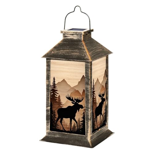 Solar Lantern Outdoor Waterproof Solar Powered Rustic Cabin Wildlife Bear Moose Deer Lodge Hunting Moose Hanging Lantern for Garden Patio Deck Yard Camping Tabletop Decor Lighting