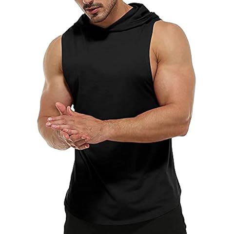 Men's Workout Sleeveless Hoodies Athletic Training Cotton Gym Hooded Tank Tops Sports Bodybuilding Fitness Muscle T Shirts Black L Cover