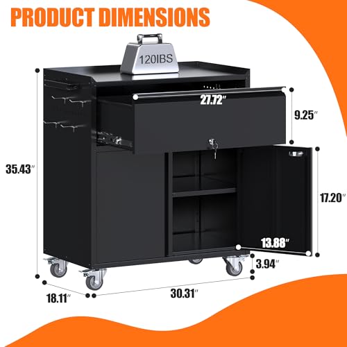 Image of Metal Garage Storage Cabinet with Wheels, Rolling Tool Cabinet with Adjustable Shelf, 1 Drawer and 2 Doors for Tools, Garage,Workshop, Black, Assembly Required