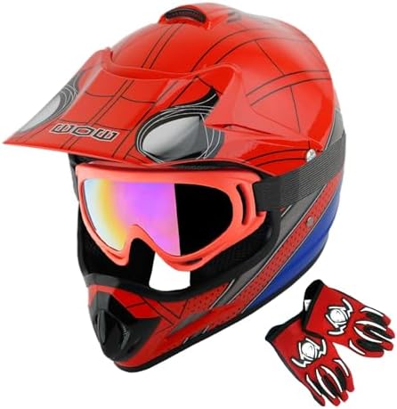 WOW Youth Kids Motocross Helmet BMX MX ATV Dirt Bike Helmet Spider Red + Goggles + MG Youth Red Glove Bundle