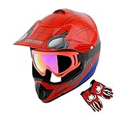 WOW Youth Kids Motocross Helmet BMX MX ATV Dirt Bike Helmet Spider Red + Goggles + MG Youth Red Glove Bundle