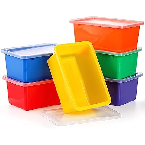 Nicunom 6 Pack Small Cubby Bins Storage Bins with Lids, 5 Qt Plastic Storage Bins Colorful Toy Storage Containers, Stackable Organizer Cubbies for Classroom Home Cover