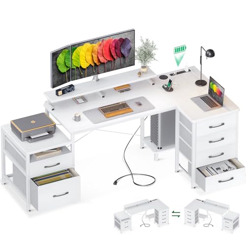 AODK L Shaped Desk with 6 Drawers & Power Outlet,
