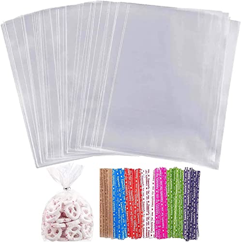 100 piezas Bolsas de Celofán Transparentes Bolsas de Regalo para Fiestas Dulces de OPP,Con 100 cintas de regalo,Se utiliza para envasar galletas, dulces, chocolates, etc.18x30cm