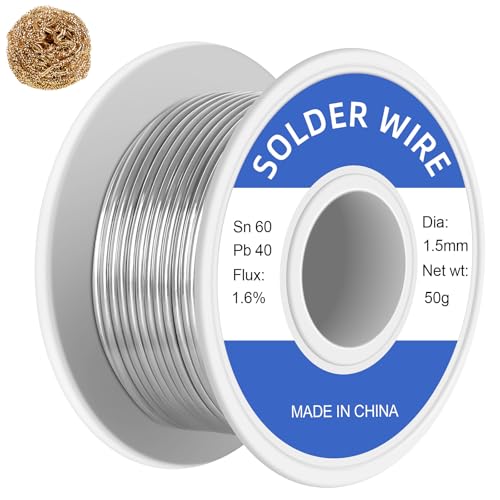 Image of 60-40 Tin Lead Rosin Core Solder Wire for Electrical Soldering, Electronics Repair, DIY Projects, With Soldering Tip Cleaner (1.5mm-50g)