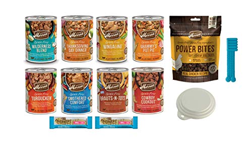 Merrick Grain Free Canned Wet Dog Food Variety Packs (8) Cans (1) can lid (1) Merrick Fresh Kisses Dog Dental chew(1) Merrick Chicken Power Bites Dog Treats (1) Dog Teeth Cleaning Toy