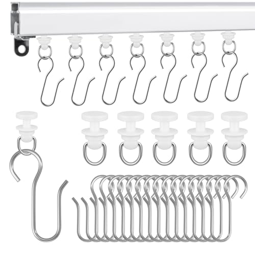 MARRTEUM 120 Pcs Shower Curtain Track Gliders & Curtain Hooks Set Ceiling Mount Sliding Track S Shaped Metal Drapery Hooks and Plastic Rollers Sets for Drape Rails and Tracks