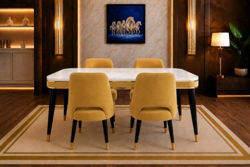 Image of WOODEN SPACE 4 Seater Wooden Dining Table Set | Urban Marble Top Dining Table with Chairs for Dining Room & Kitchen (Modern Vintage Yellow) (54 x 36 x 30 inch)