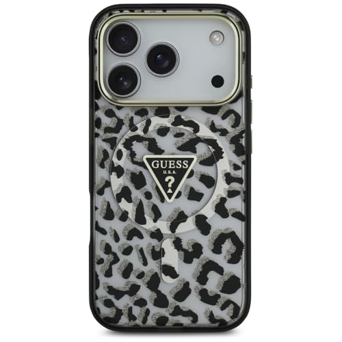 Coque MagSafe iPhone 17 Pro Guess imprimé léopard chic noir pailleté