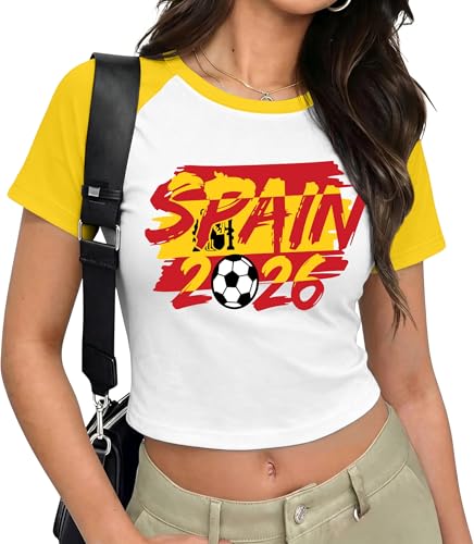 Soccer Cup Shirt Women: 2026 Spain Football Shirts Match Game Day Tshirt Soccer Fans Raglan Sleeve Tee Tops