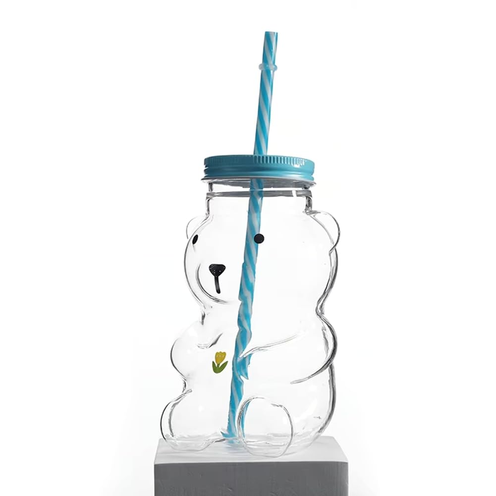 Vjsujehgy LittleBear Glass Straw Cup Cute Bear Juice Coffee, and Milk Cup,Borosilicate Glass