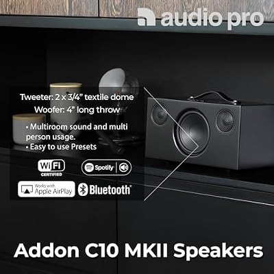 Audio Pro Addon Bluetooth Speaker - Wireless Speaker with High-Fidelity Sound - Outdoor Speakers, WiFi, AirPlay 2, Chromecast, Spotify Connect, C10 MKII, Black