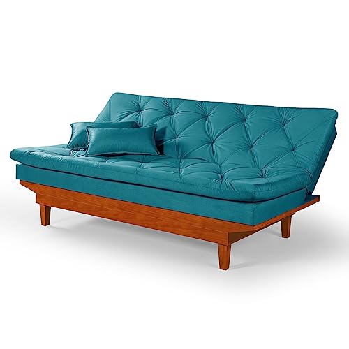 Sofa Cama Caribe 3 Posições Base de Madeira Suede Essencial Estofados (Azul Turquesa)