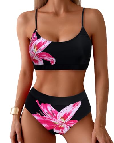 Bikini Sets for Women High Waisted Floral Print Two Piece Bathing Suit Adjustable Spaghetti Straps Swimsuit