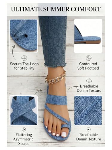 Image of GORGLITTER Women's Denim Jean Sandals Cute Dressy Toe Ring Strappy Slip on Slide Flats Sandal