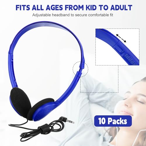 Image of Konohan 10 Pack Headphones Bulk Headphone for School Classroom Student Wired Headphones Adjustable with 3.5 mm Jack for Adults (Dark Blue)