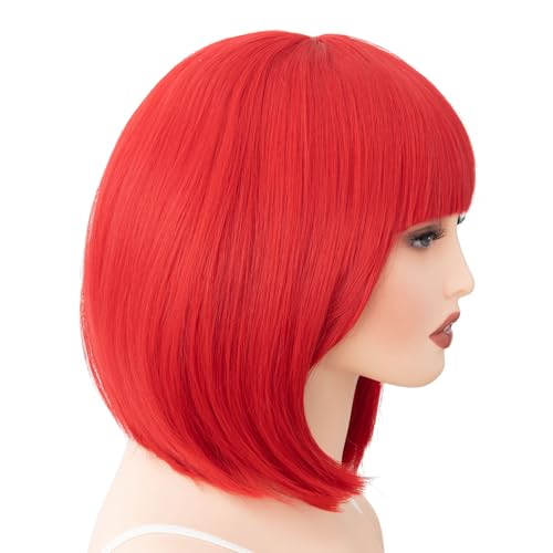 Image of Rose bud Red Wig Bob Straight 12 Inch Short Hair Cosplay Wigs for Women Costume Party Halloween