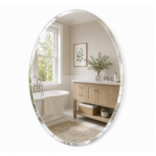 Pocetry 20 x 28 Inch Oval Bathroom Mirror Frameless Beveled Vanity Mirror for Over Sink Solid-Backed 2-Way Wall Mirror for Powder Room and Entryway