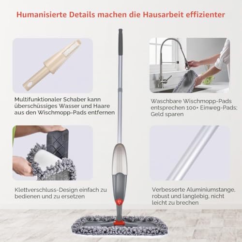 Wischer mit Sprühfunktion, Domi-Patrol Bodenwischer Sprühfunktion mit 3 Waschbaren...