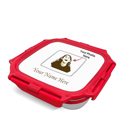 Image of SAVRI Personalized Stainless Steel Lunch Box for Kids - Customized Laser Photo & Name Printed | Square Food Storage Tiffin Box Lunch Box for Baby, Toddler & Children. (Red)